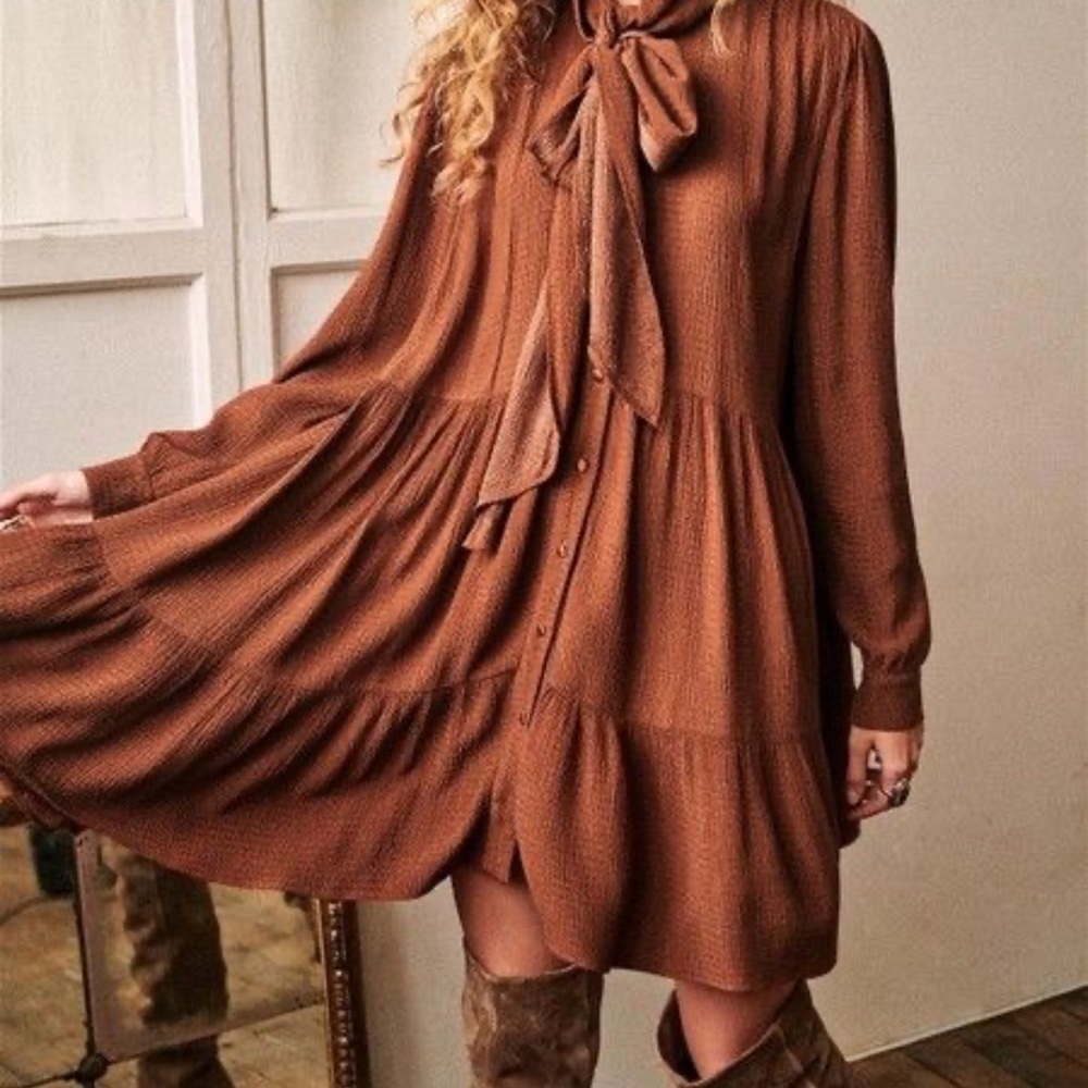 NWT Sezane Selena Elegant Brown Bow-Tie Dress S